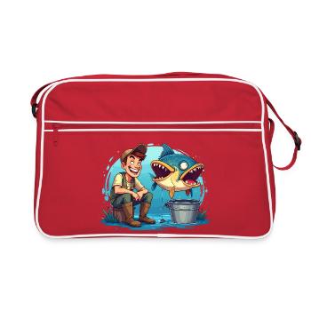 Angler und Riesen Fisch Cartoon - für Angler - Retro Tasche - Rot/Weiß - Vorne