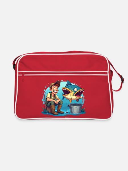 Angler und Riesen Fisch Cartoon - für Angler - Retro Tasche - Rot/Weiß