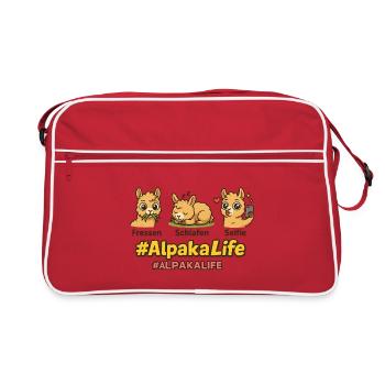 Alpaca Leben: Fressen, Schlafen, Selfie - Retro Tasche - Rot/Weiß - Vorne