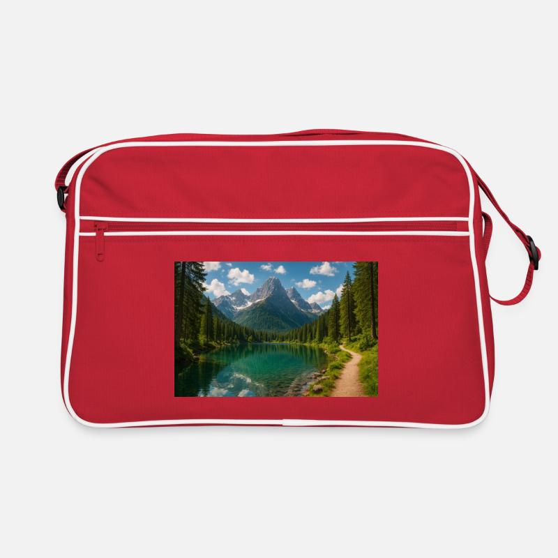 Mountain lake path in the forest Retro Bag