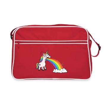 Einhorn spuckt Regenbogen in Wolken - Retro Tasche - Rot/Weiß - Vorne