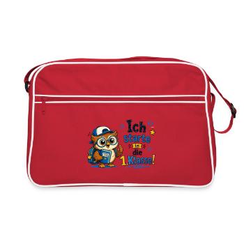 Ich starte in die 1. Klasse Eulen Design - Retro Tasche - Rot/Weiß - Vorne