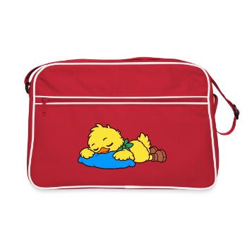Niedliche schlafende Ente auf einem blauen Kissen - Retro Tasche - Rot/Weiß - Vorne