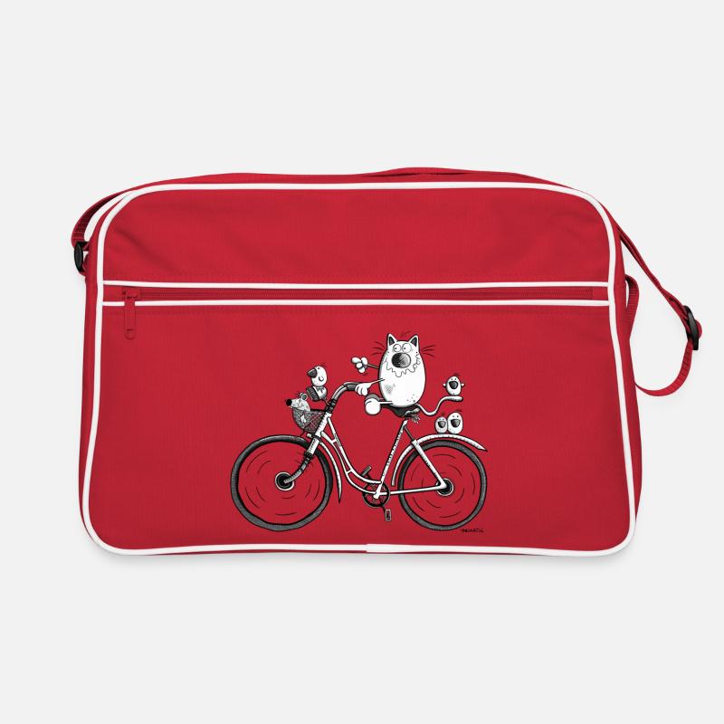 Katze auf Radtour - Retro Tasche - Rot/Weiß