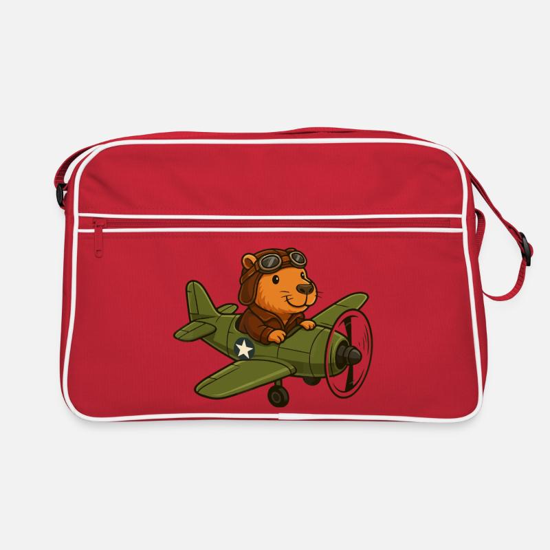 Fliegender Biberpilot im Flugzeug - Retro Tasche - Rot/Weiß