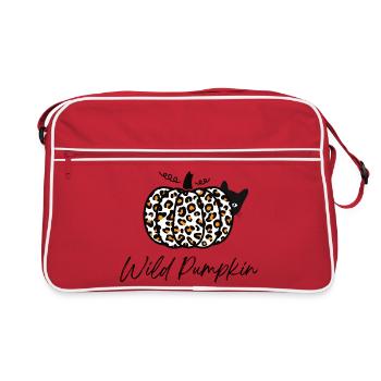 Halloween Katze – Leopard Kürbis, Halloween Shirt - Retro Tasche - Rot/Weiß - Vorne