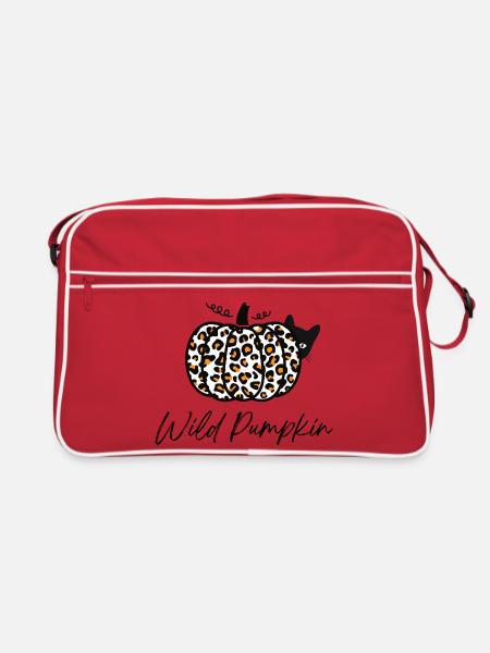 Halloween Katze – Leopard Kürbis, Halloween Shirt - Retro Tasche - Rot/Weiß
