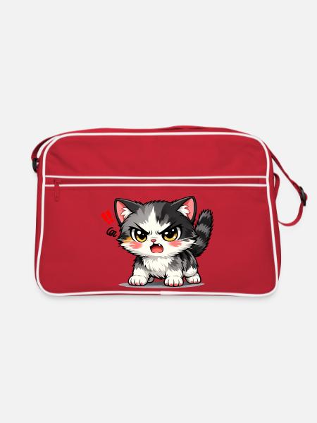 Wütendes Kawaii-Kätzchen - Retro Tasche - Rot/Weiß