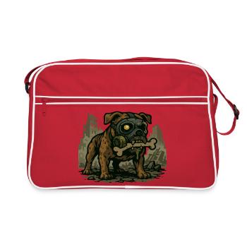 Gas Mask Bulldog in Ruined City - Retro Bag - red/white - Front