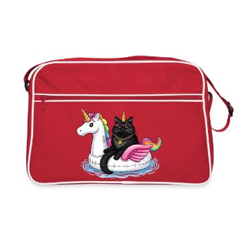 Black cat on unicorn swim raft - Retro Bag - red/white - Front