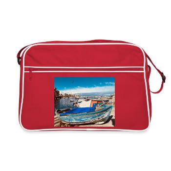 Blaue Boote im Hafen - Retro Tasche - Rot/Weiß - Vorne