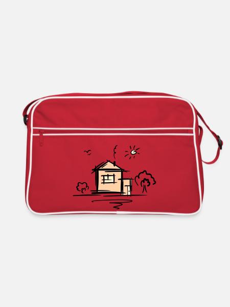 Haus mit Bäumen und Sonne. Zeichnung. Kritzelei. - Retro Tasche - Rot/Weiß - Vorne