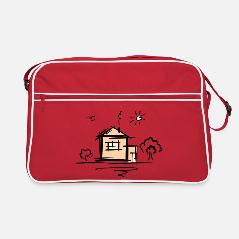 Maison avec arbres et soleil. Dessin. Gribouiller. Sac Retro