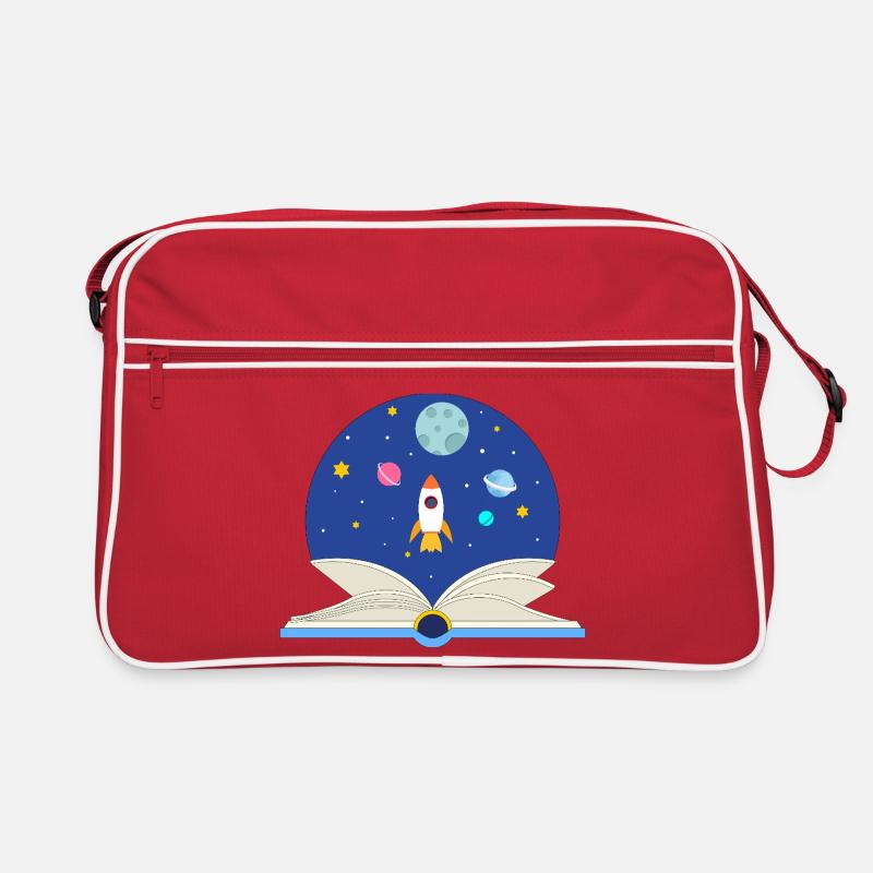 Livre ouvert avec scène spatiale, imagination et Avent Sac Retro