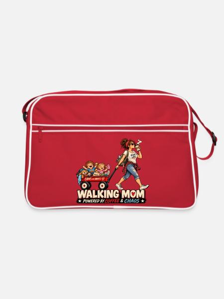 Walking Mom – Coffee & Chaos Mama Humor - Retro Tasche - Rot/Weiß