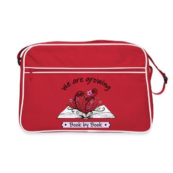 Rosa Blumen wachsen aus offenem Buch mit Zitat - Retro Tasche - Rot/Weiß - Vorne