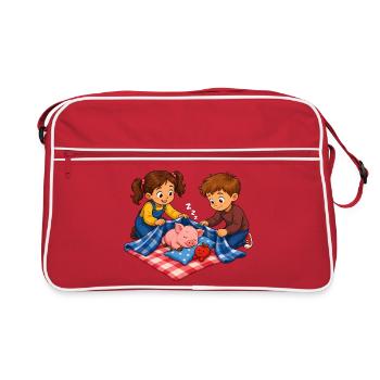 Motif de sieste de cochon avec enfants câlins - Sac Retro - rouge/blanc - Devant