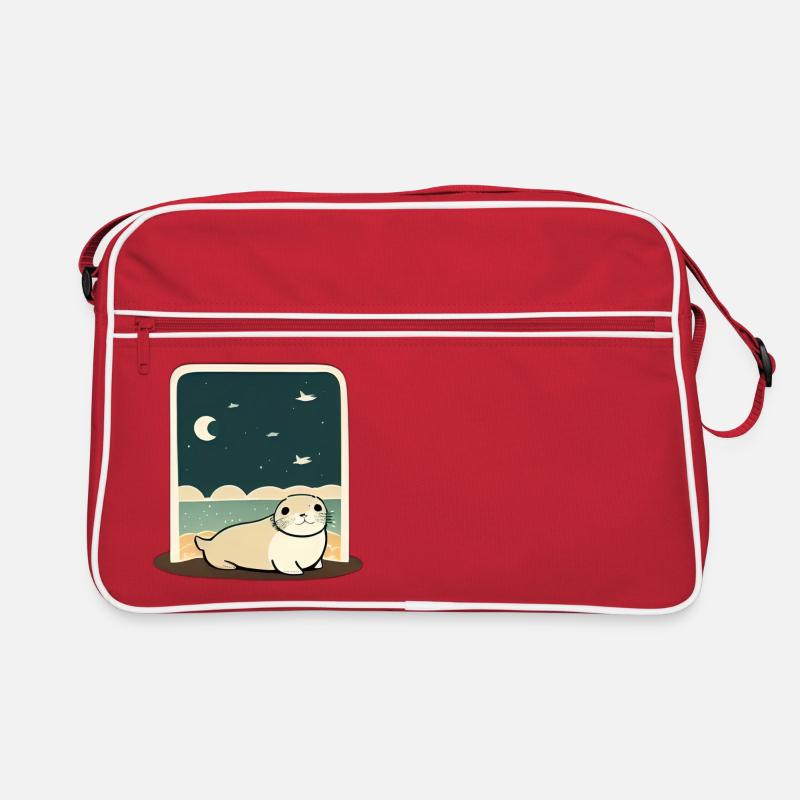 Niedliche mollige Robbe am Ufer mit Nachthimmel - Retro Tasche - Rot/Weiß