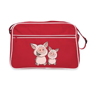 Two Little Pigs In Happiness I Cartoon Pigs - Retro Bag - red/white - Front