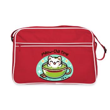 Meow-Cha Time – Kawaii Katzen Matcha Geschenk - Retro Tasche - Rot/Weiß - Vorne