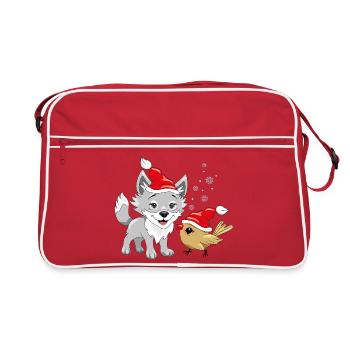 Smiling wolf and cute birdie in Christmas hats - Retro Bag - red/white - Front