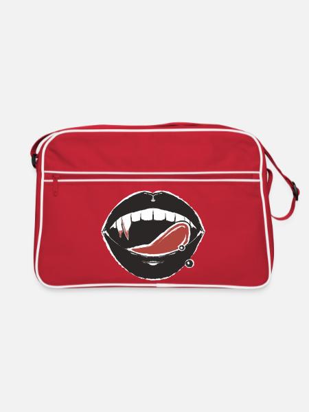 Schwarze Lippen und rotes Zungenpiercing - Retro Tasche - Rot/Weiß