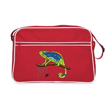 Chamäleon auf Ast mit Spinnennetz - Retro Tasche - Rot/Weiß - Vorne