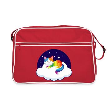 Kunterbunte Katze schwebt auf Wolke (Nacht) - Retro Tasche - Rot/Weiß - Vorne