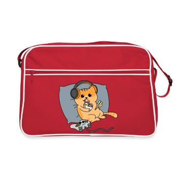 Katze spielt Videospiele im Bett und frisst Ramen - Retro Tasche - Rot/Weiß - Vorne