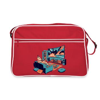 Katzenkino im Wohnzimmer Kinokatze Chillout Katze - Retro Tasche - Rot/Weiß - Vorne