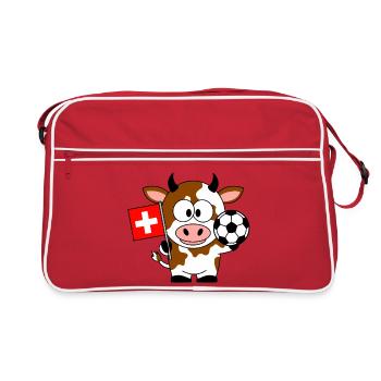 Kuh mit Schweizer Flagge und Fussball - Retro Tasche - Rot/Weiß - Vorne