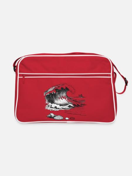 Große Ozeanwelle Mit Palmeninsel Und Muscheln - Retro Tasche - Rot/Weiß