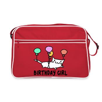 Katze mit Ballons Birthday Girl Geschenk - Retro Tasche - Rot/Weiß - Vorne