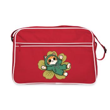 Kawaii-Katze im grünen Ökologie-Modus auf einer Blume - Retro Tasche - Rot/Weiß - Vorne