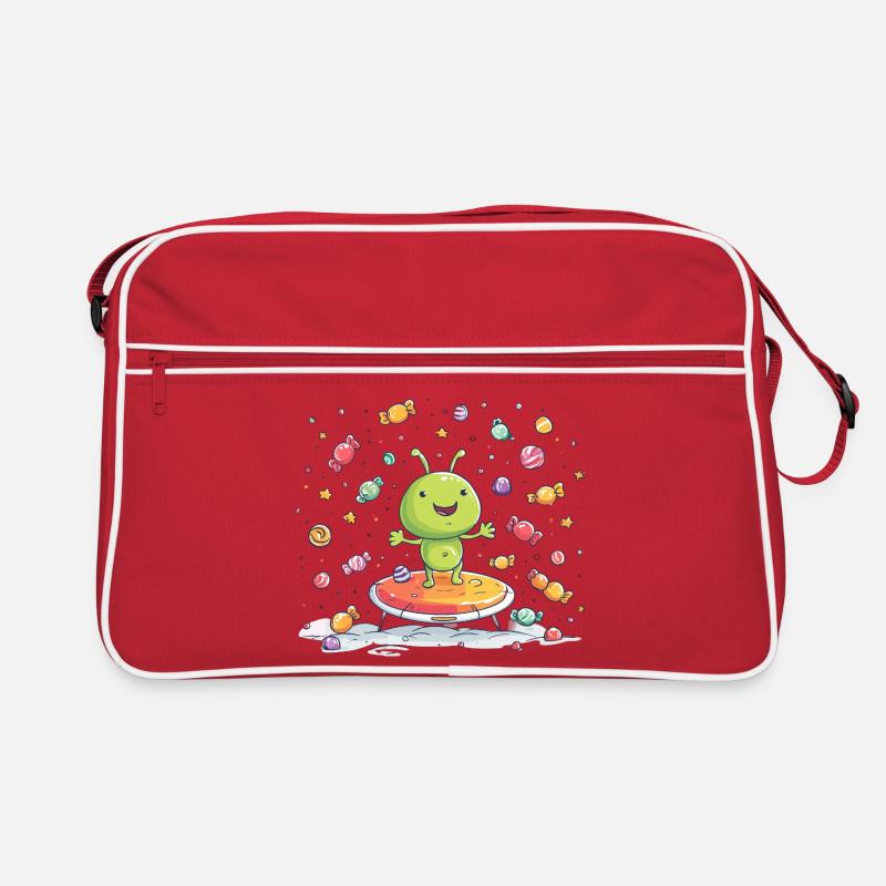 Kleiner grüner Alien auf Trampolin Retro Tasche
