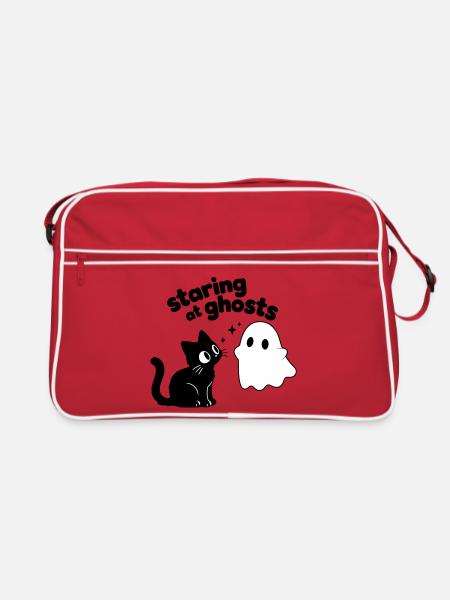 Cute Cat Meets Ghost | Minimal Halloween Motif - Retro Bag - red/white - Front
