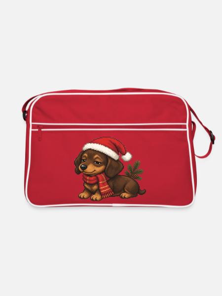 Dackel Weihnachtshut Weihnachts-Pixelkunst - Retro Tasche - Rot/Weiß