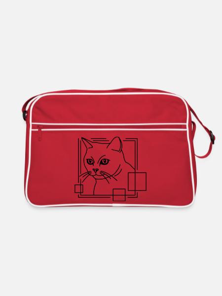 Katze in geometrischer Form - Line-Art-Design - Retro Tasche - Rot/Weiß - Vorne