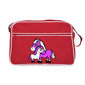 2 Süße Pferde Kind Familie Mama Papa Mutter Vater - Retro Tasche - Rot/Weiß - Vorne