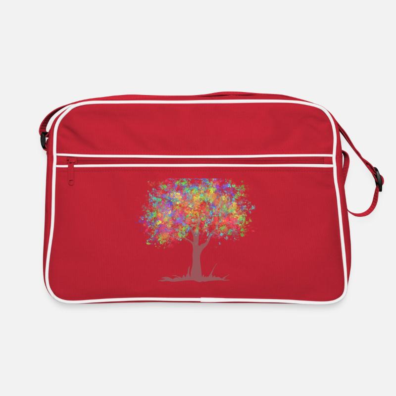 Baum mit Regenbogen Farben Blättern - Retro Tasche - Rot/Weiß