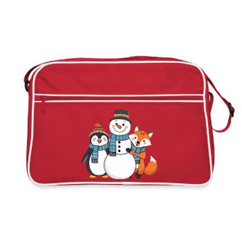 Winterfreunde - Pinguin, Schneemann und Fuchs - Retro Tasche - Rot/Weiß - Vorne