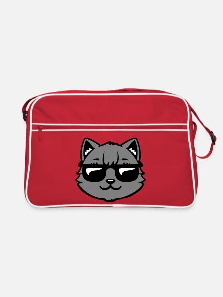 Katze Graue Sonnenbrille Cool Lässig Style Blick - Retro Tasche - Rot/Weiß - Vorne
