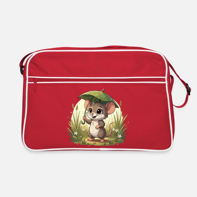 Kleines Mäuschen mit Schirm im Gras Retro Tasche