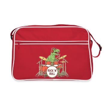 Dino Drummer RocknRoll Illustration - Retro Tasche - Rot/Weiß - Vorne