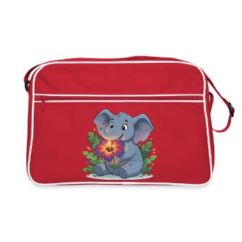 Elefant mit Hibiskusblüte - Retro Tasche - Rot/Weiß - Vorne