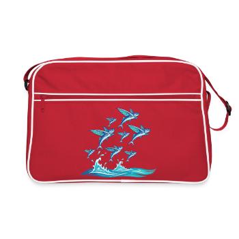 Un banc de poissons bleus par-dessus les vagues - Sac Retro - rouge/blanc - Devant