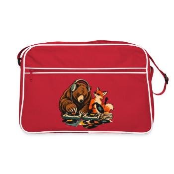 Bär & Fuchs als Vinyl DJs – Musikduo - Retro Tasche - Rot/Weiß - Vorne