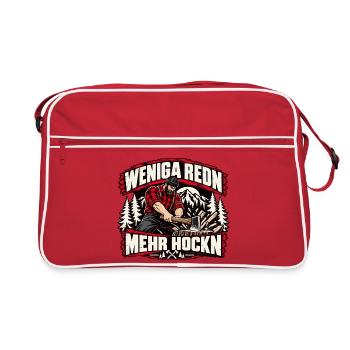 Weniga redn - mehr hockn - cooles Holzfäller Motiv - Retro Tasche - Rot/Weiß - Vorne