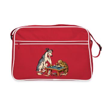 Windhund und Schildkröte beim Modellbau - Retro Tasche - Rot/Weiß - Vorne