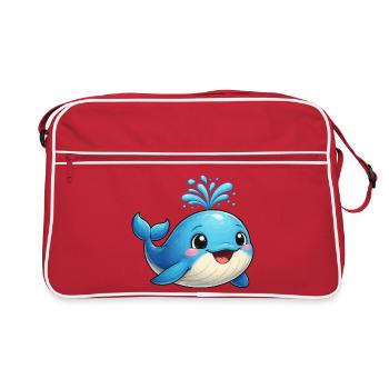 Kleiner blauer Wal mit Wasserfunken - Retro Tasche - Rot/Weiß - Vorne